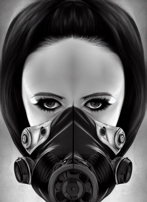 Image similar to face portrait of goth anime girl with black and white hair wearing a gas mask, symmetry, digital painting, trending on artstation and deviantart, epic composition, dynamic, highly detailed, ross draws, wlop, 8 k