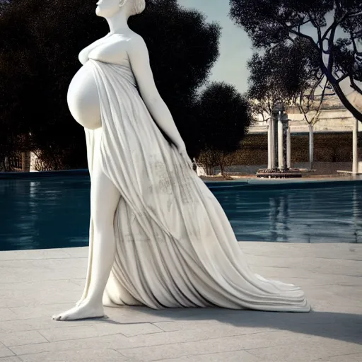 Image similar to a statue made of white marble with gold veins, of an beautiful pregnant woman in a light dress, perfect symmetrical body, perfect symmetrical face, closed eyes, hyper realistic, hyper detailed, fujicolor superia, bokeh background, full body shot, by peter kemp, by monia merlo octane render, blender, 8 k