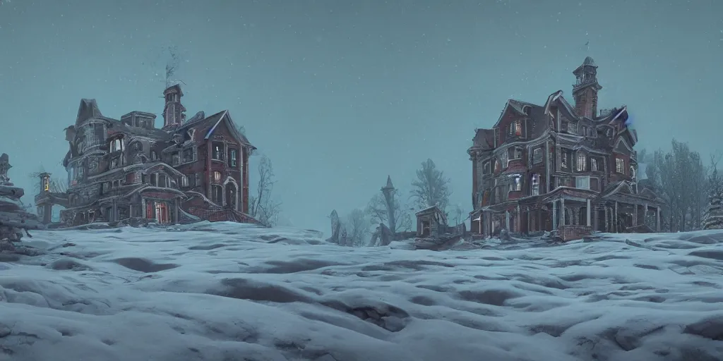 Image similar to haunted mansion on a snowy hill by simon stalenhag, matte painting