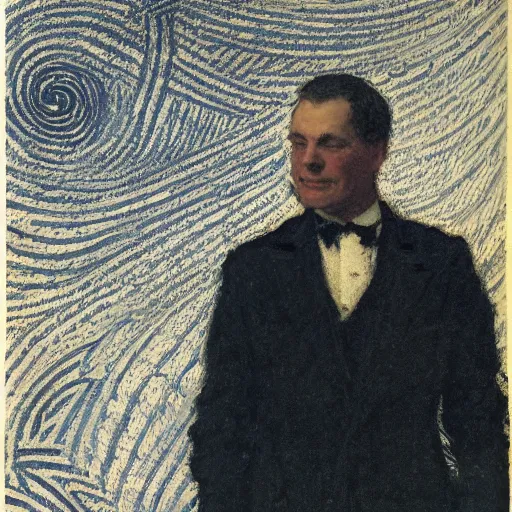 Image similar to youtube accurate, emotive by ray donley, by willard metcalf. a print of a suit. the man's eyes are closed & he has a serene, content look on his face. his arms are crossed in front of him & is floating in space. background is swirling with geometric shapes & patterns.