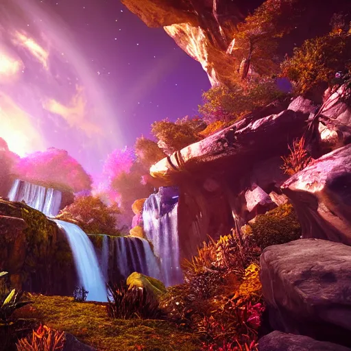 Image similar to the universe is a waterfall spilling onto the rocks of forgiveness in a million bright colors of swirling love, unreal engine, dramatic lighting, cinematic