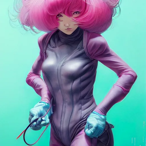 Image similar to prompt : stealthy rogue pink character portrait soft light painted by james jean and katsuhiro otomo and erik jones, inspired by evangeleon anime, smooth face feature, intricate oil painting, high detail illustration, sharp high detail, manga and anime 1 9 9 9