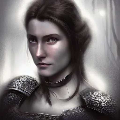 Prompt: head and shoulders portrait of a female knight with a worried expression, scars under her grey eyes. sad and tired eyes, broken neclace. dark background, a few thin light rays behind her. high detail, matte painting, artstation top 1 0, photo in the style of angus mcbean.