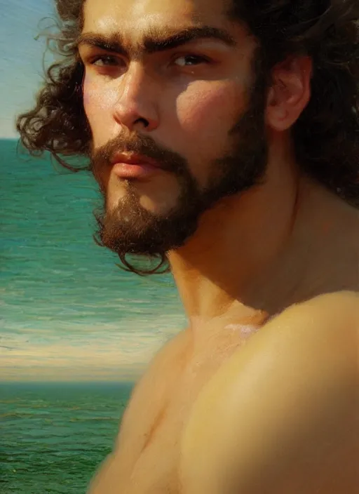 Image similar to detailed cinematic wide shot of muscular attractive young latino man beard slim face symmetrical face tanskin green eyes white hair wearing sea clothes, ultra realistic, spring light, painting by gaston bussiere, craig mullins, j. c. leyendecker