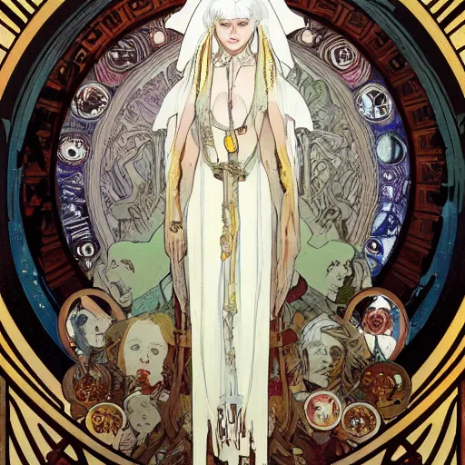 Image similar to portrait of small, rubbery, huge-eyed, big-lipped albino mutant priestess with elaborate white hair by Alphonse Mucha, Greg Rutkowski, Anato Finnstark, and Studio Ghibli