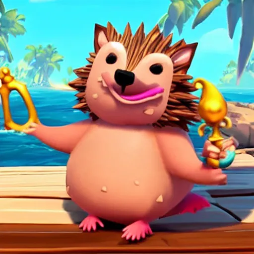 Image similar to hedgehog in a bikini in sea of thieves, hedgehog wearing a bikini, cute, colourful, happy, adorable, funny
