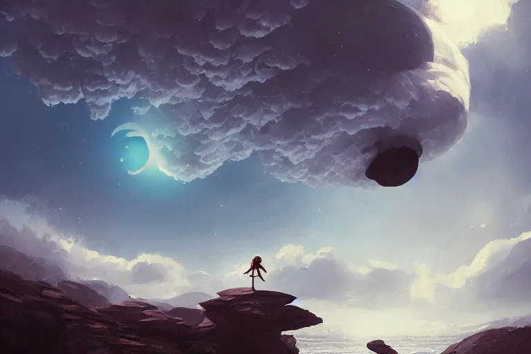 Prompt: giant white daisy flower over face, girl jumping on cliff, surreal photography, solar eclipse, milky way, dramatic light, impressionist painting, clouds, digital painting, artstation, james gilleard, liam wong, jeremy mann, simon stalenhag