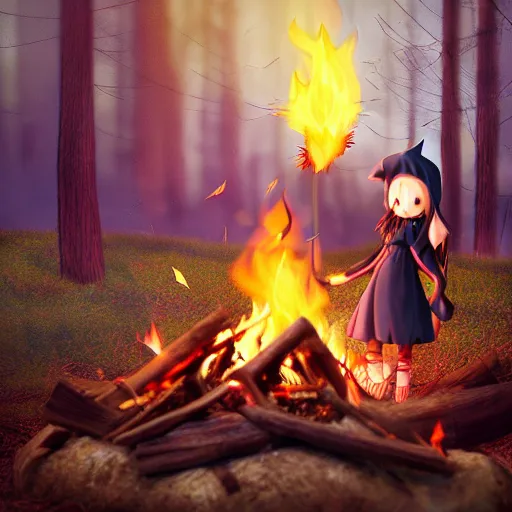 Image similar to cute fumo plush manic happy witch pyromaniac girl giddily starting a huge bonfire in the forest, anime, burning flames, warm glow and volumetric smoke vortices, filmic, rule of thirds composition, vignette, vray