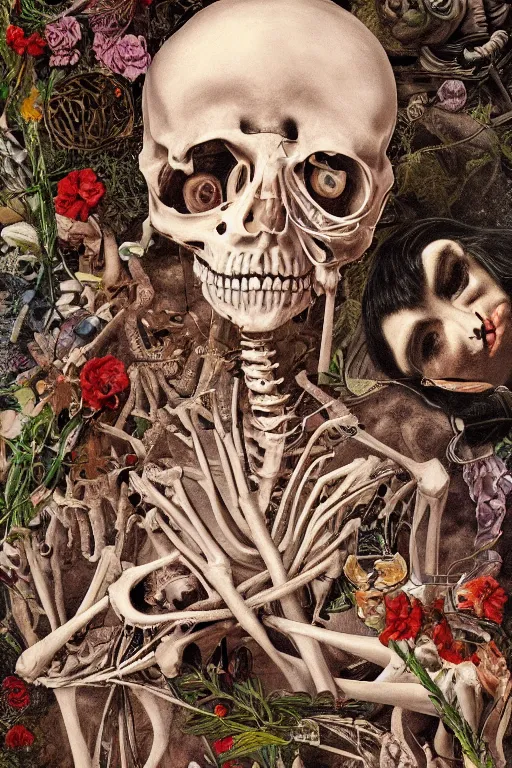 Image similar to an anatomical man with large eyes and lips laying in bed of bones of flowers, he feels an existential dread of love, HD Mixed media, highly detailed and intricate, surreal illustration in the style of Caravaggio, baroque dark art