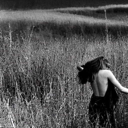 Image similar to a closeup of a woman's back in a countryside, Andrei Tarkovsky film style, photography, 1970s