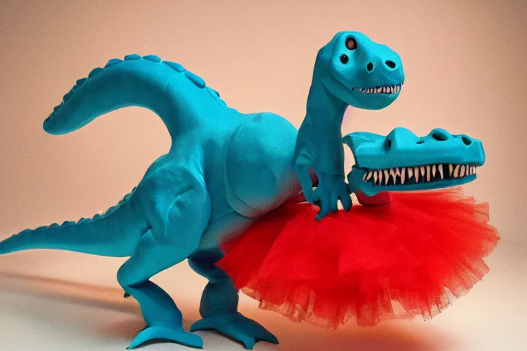 Image similar to dinosaur wearing a tutu, studio lighting, highly detailed, striking, inspiring