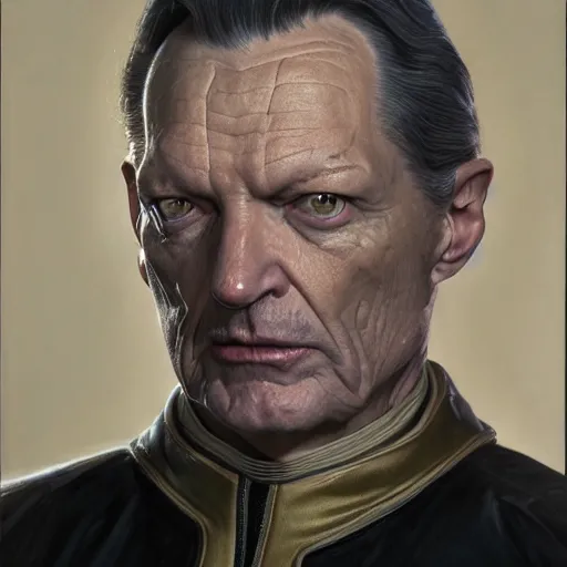 Prompt: A portrait of Andrew Robinson as Elim Garak, highly detailed photorealistic, unreal 5, hugh definition, 8k, deviantart, donato giancola, oil painting