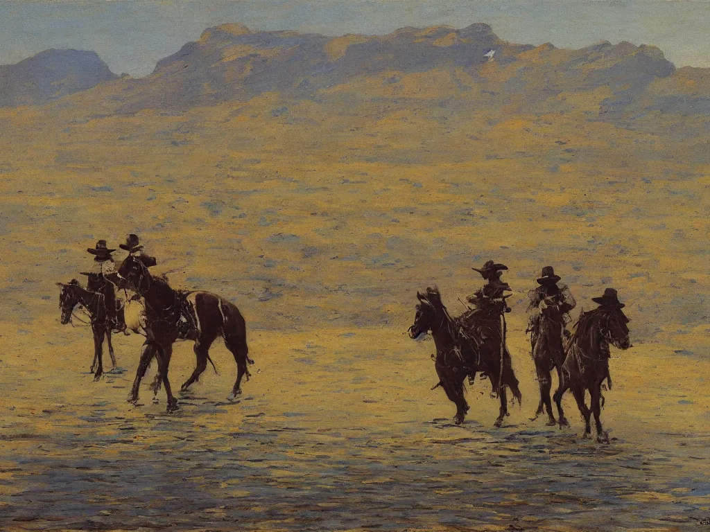 Prompt: a beautiful landscape painting by frederic remington, trending on arstation