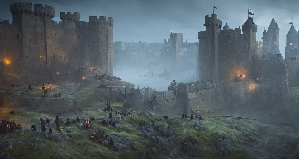 Image similar to ten medieval soldiers atop a castle wall looking over a vast medieval kingdom rule by an evil king. it is a quiet morning. mist, epic, cinematic, volumetric lighting, fantasy style, highly - detailed, unreal 5, realism