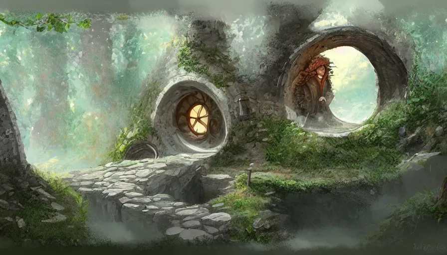 Image similar to concept art of a beautiful hobbit - hole, digital art, trending on artstation