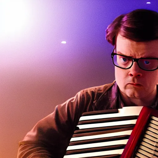 Prompt: dwight schrute playing the accordion aggressively, dramatic scene, heavy blue fog, red lightning, ultra wide angle, movie still, photorealistic, stranger things, netflix, upside - down, colorful lighting, grainy, aerial shot, shot from above, movie still