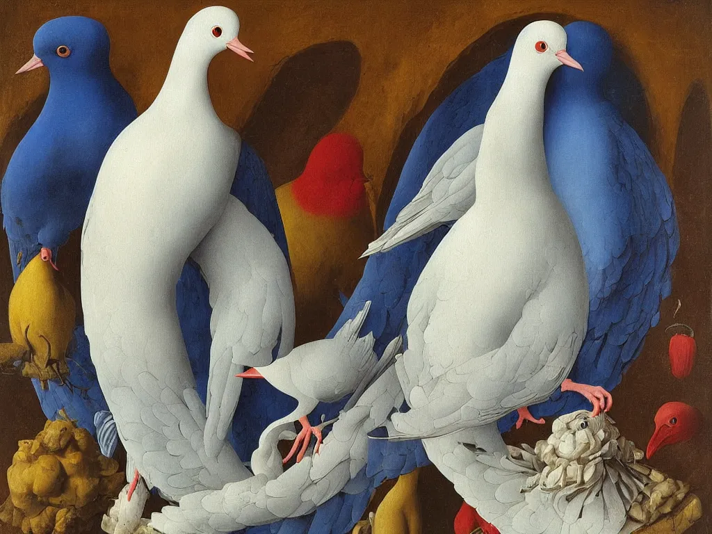 Image similar to Portrait of albino mystic with blue eyes, with beautiful exotic dove. Painting by Jan van Eyck, Audubon, Rene Magritte, Agnes Pelton, Max Ernst, Walton Ford