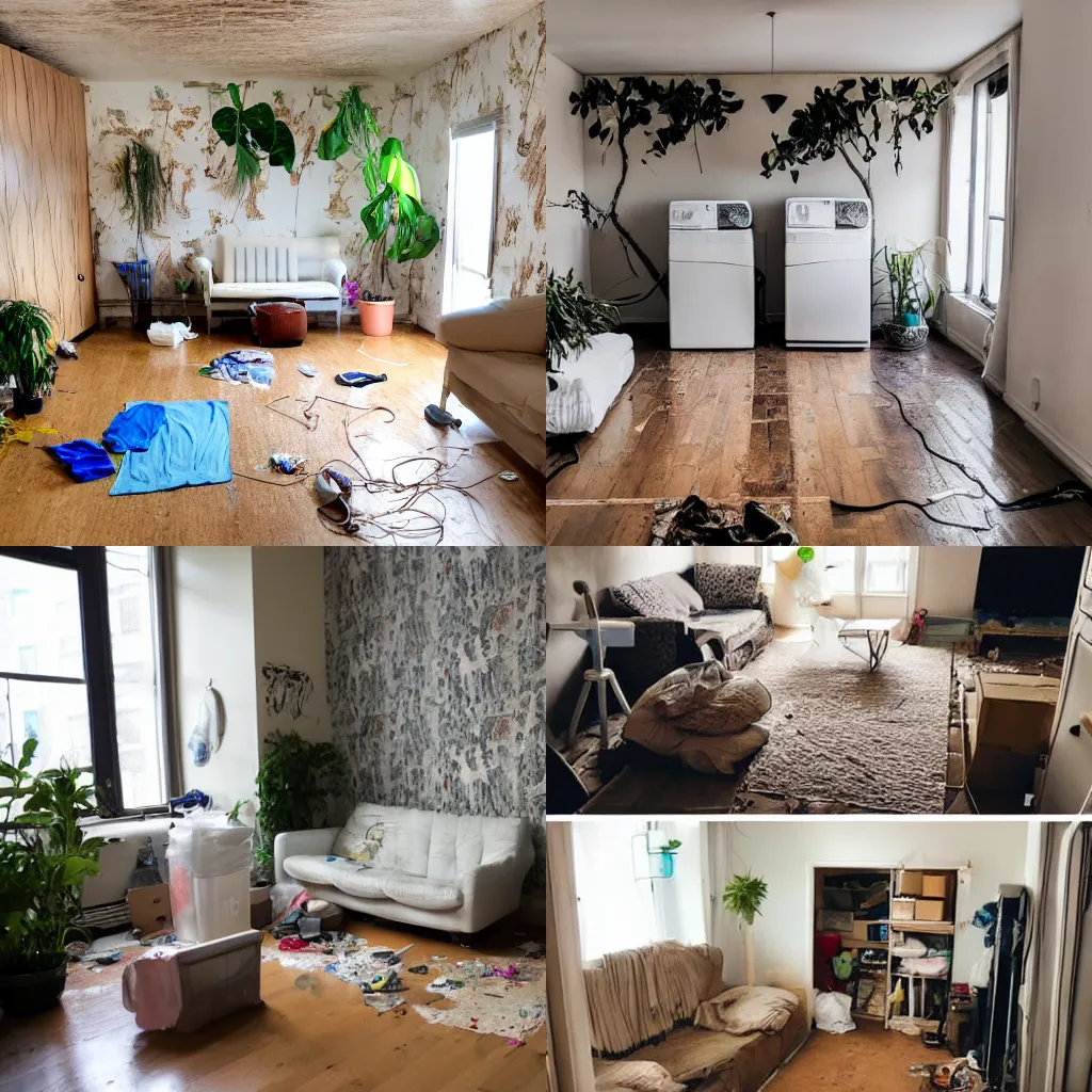 Prompt: messy apartment, small apartment, two old sofas, dusty floor, tangled cables, woodchip wallpaper, full trash cans, old laundry on the floor, diapers on the table, dried up plants, three screens