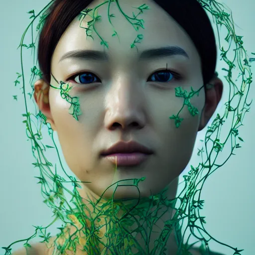 Prompt: intricate highly detailed face portrait of asian - european woman, light mint water vines on her face, intricate, cgsociety, unreal engine, octane render, sharp focus, smooth, volumetric lighting, cinematic composition, artstation