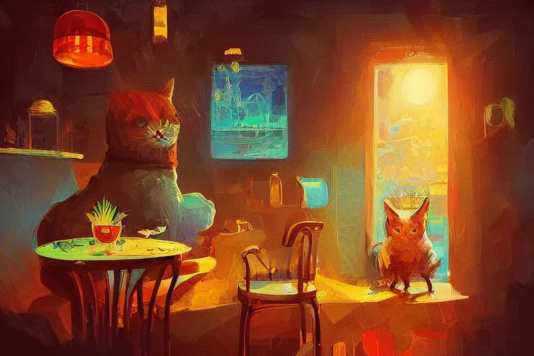 Prompt: a digital art of a cat sits on a chair in a bar in the afternoon, the sun shines in, animal, light effect, highly detailed, warm and delightful, by anton fadeev