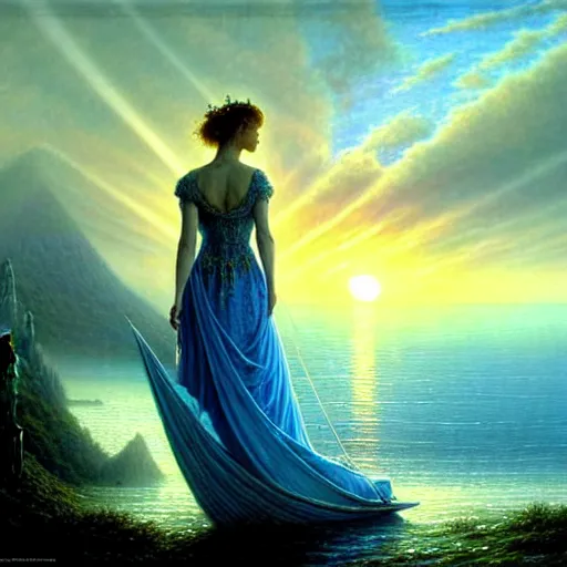 Image similar to an elegant fairy queen in a blue lace dress dancing looking out at a lord of the rings scenery landscape, staring across the sea at a white timber sail boat, sunrise, god's rays highly detailed, vivid colour, soft clouds, floral sunset, cinematic lighting, perfect composition, gustave dore, derek zabrocki, greg rutkowski, belsinski