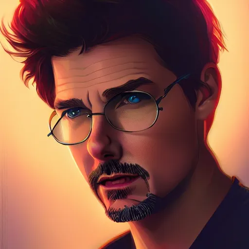 Image similar to Tom Cruise as Tony Stark, ambient lighting, 4k, alphonse mucha, lois van baarle, ilya kuvshinov, rossdraws, artstation