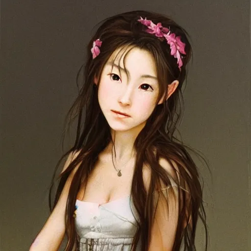 Image similar to photorealistic painting of Aerith Gainsborough captures every detail of the artist’s female subjects, such as their soft skin, flowing hair, and textured clothing. Yasumoto Oka