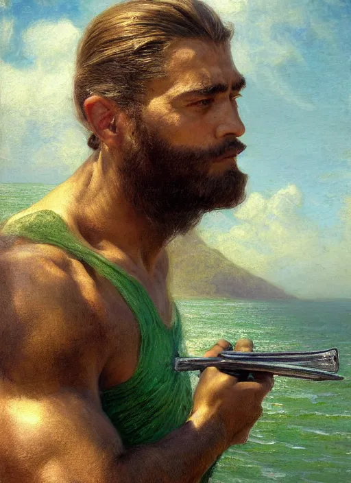 Prompt: detailed cinematic wide shot of muscular attractive young aztec man beard slim face symmetrical face tanskin green eyes white hair wearing sea clothes, ultra realistic, spring light, painting by gaston bussiere, craig mullins, j. c. leyendecker