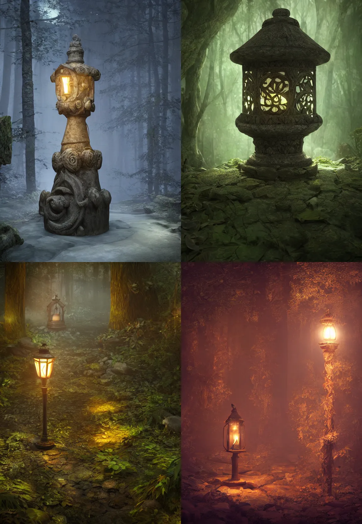 Prompt: carved stone lantern glowing in a fantasy forest at night, artstation hq, photorealistic, hiperrealistic, sharp focus, 4 k uhd, unreal engine 5, cinematic shot, cinematic lightning, dark tones, high contrast, intricate, masterpiece, brian froud