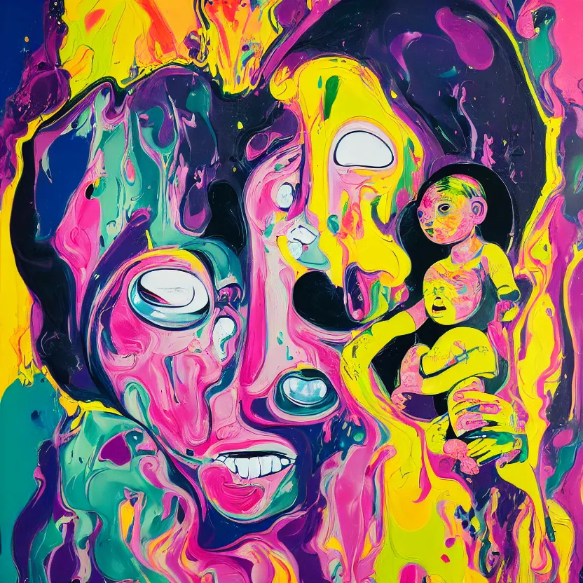 Image similar to woman holding a baby, an ultrafine detailed painting by peter max and francis bacon and fiona rae and hernan bas and anna mond, featured on deviantart, metaphysical painting, pop surrealism, melting paint, biomorphic, mixed media, photorealistic, dripping paint, palette knife texture, masterpiece