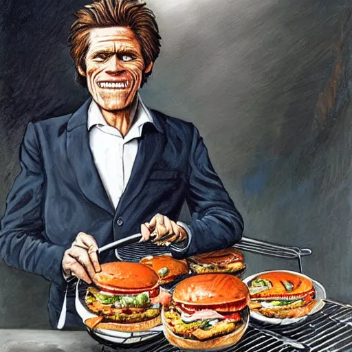 Prompt: highly detailed portrait of willem dafoe making hamburgers on a barbecue grill