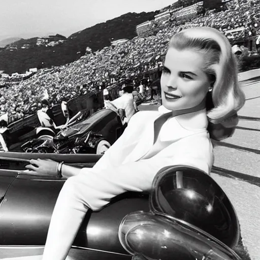 Image similar to selfie smartphone photo of a young Grace Kelly at the Monaco Gran Prix, F1 cars blurred in background, iphone photo, smartphone resolution, trending on instagram, influencer photography