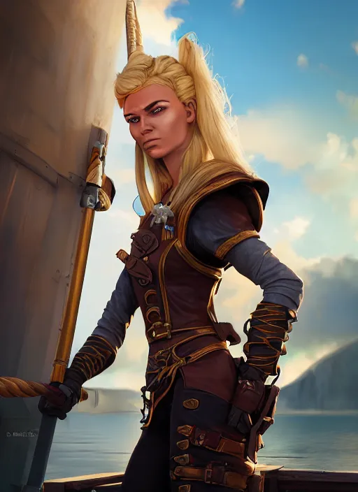 Image similar to An epic fantasy comic book style portrait painting of tall blonde haired female sky-pirate with a serious face and a pony tail in front of a metal gangplank, unreal 5, DAZ, hyperrealistic, octane render, cosplay, RPG portrait, dynamic lighting