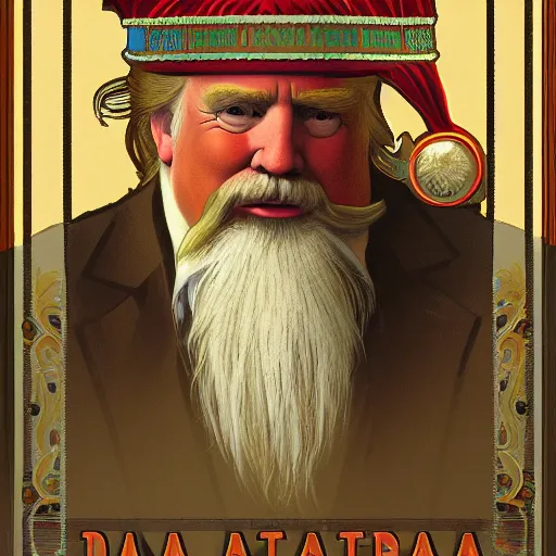 Prompt: a detailed matte portrait of donald trump as santa ana at the alamo, long twirling moustache, by alphonse mucha and albert bierstadt and thomas moran and charles russel, god rays, intricate detail, cinematic, 8 k, featured on artstation, pixiv