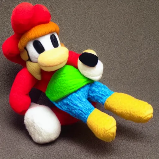 Prompt: a yarn plush doll of wario riding a yoshi