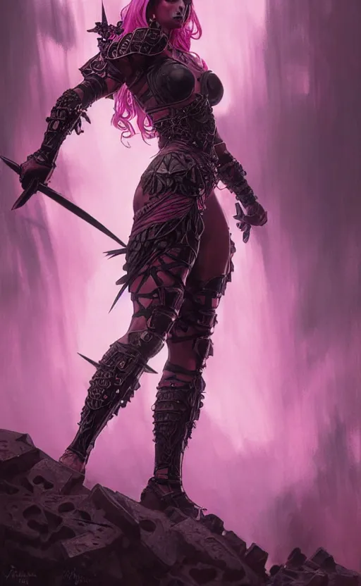 Image similar to Gothic muscular warrior queen in pink and black mythical heavy armor of thick steel plates, fantasy, highly detailed, digital painting, artstation, concept art, smooth, sharp focus, illustration, art by artgerm and greg rutkowski and alphonse mucha