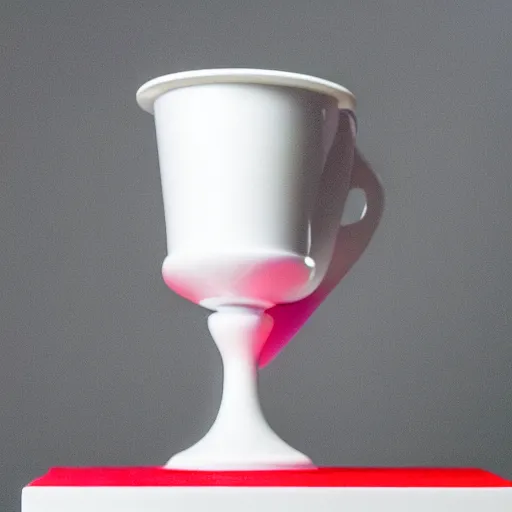 Image similar to an ultra high definition professional studio photograph, 5 0 mm f 1. 4 iso 1 0 0. the photo is set in a plain white room with a plain white plinth centrally located. the photo depicts an object on the plinth. the object is a cup. the cup is red.