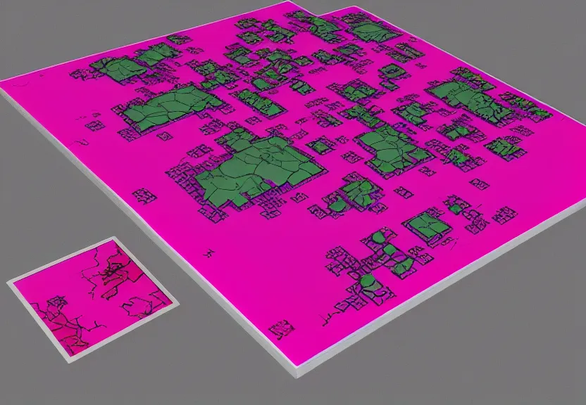 Image similar to “magenta theme, war tactic table with a map on it, unfinished borders, 4k, 3D, view from the side”