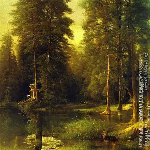 Image similar to masterpiece oil painting of a fantasy hotel in a beautiful forest by ivan shishkin and aivazovsky, highly detailed