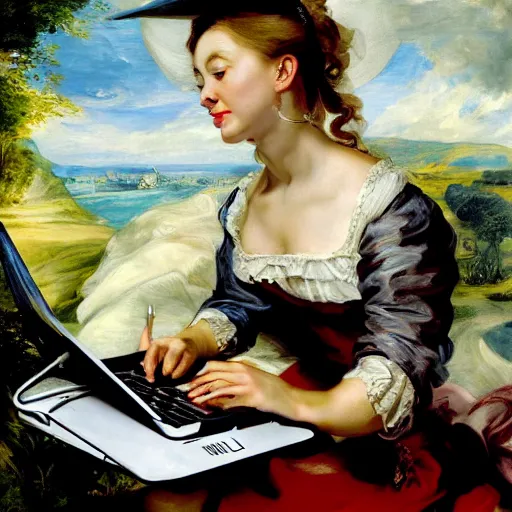 Image similar to heavenly summer sharp land sphere scallop well dressed lady working on her laptop auslese, by peter paul rubens and eugene delacroix and karol bak, hyperrealism, digital illustration, fauvist, looking at her imac laptop