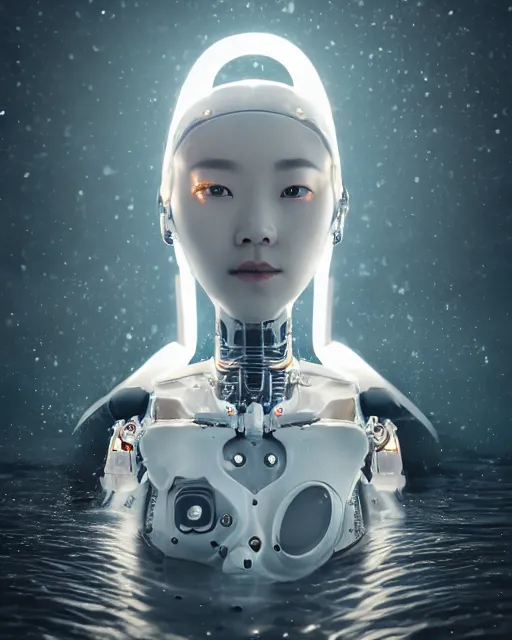 Image similar to beautiful centered fine art photo portrait of hoyeon jung as a solarpunk robotic humanoid, white mechanical parts with bright halogen lights, treading above water, ultra - realistic and detailed, white background, natural lighting, soft focus, slow exposure hdr 8 k