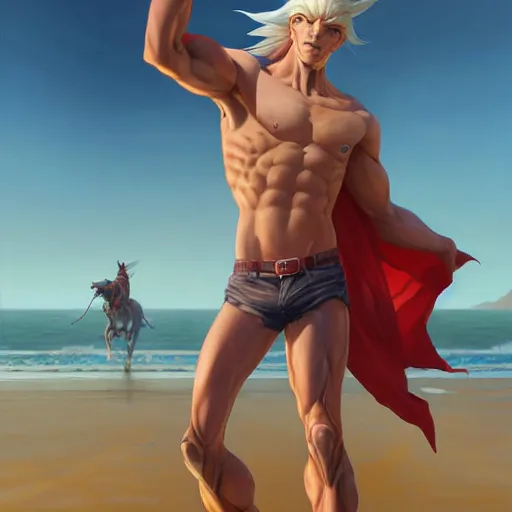 Prompt: a male horse humanoid stansing on the beach,wearing red shorts,anthropomorphic,Character design by charlie bowater, ross tran, artgerm, and makoto shinkai, detailed, inked, western comic book art, 2021 award winning painting,digital art,ultra realistic,ultra detailed,art by greg rutkowski,muscular,detailed face,hyperdetailed,hyperrealistic,detailed face,photorealistic,realistic,4k,SFW