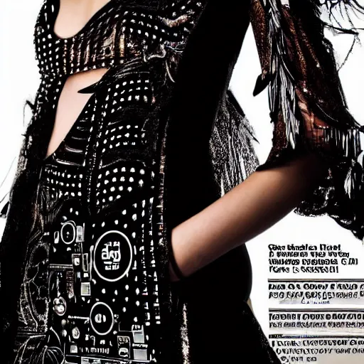 Prompt: Close up of female fashion model in year 3000, model wearing a fancy black dress with print of a large circuit on dress, photography , fashion magazine editorial , highly detailed
