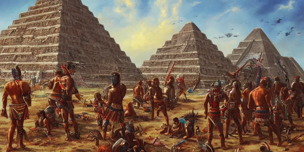 Image similar to simonetti rutkowski painting aztec warriors watching spaceship arriving to mesoamerican pyramid