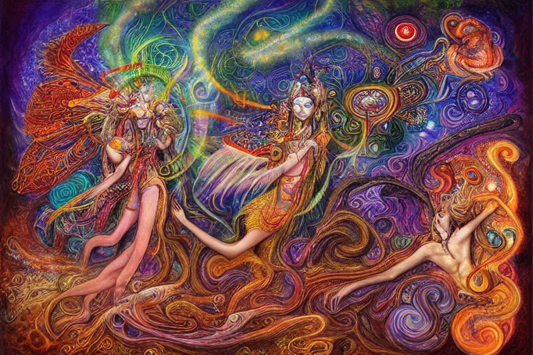 Image similar to two psychedelic shamans intertwined in a cosmic entanglement by Josephine Wall and Daniel Merriam, Artstation