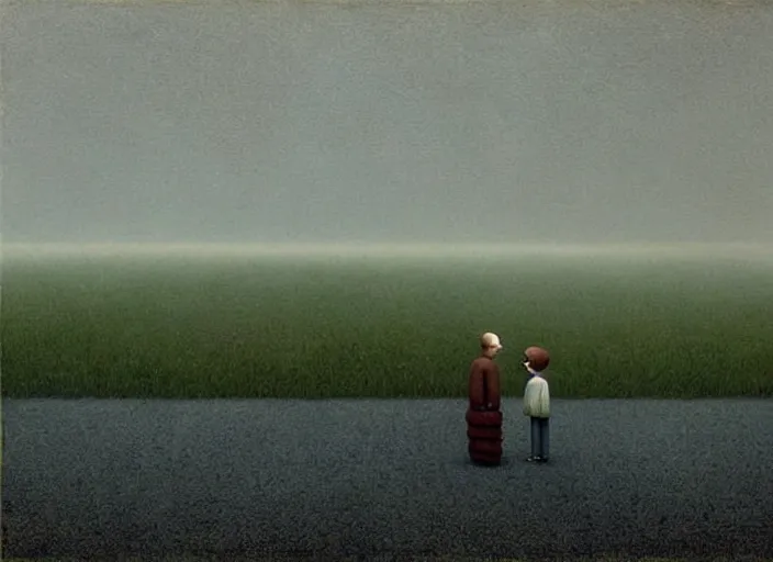 Prompt: surreal scenery, painting by quint buchholz and ray caesar, muted colors, gray, dull, boring, low energy, pale blue faces, very detailed, very coherent