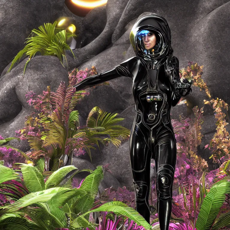 Image similar to octane render portrait by wayne barlow and carlo crivelli and glenn fabry, focus on a woman in a skintight shiny black spacesuit with intricate iridescent metal detailing, covered in bright colorful tropical alien flora in front of a giant rocky cliff, cinema 4 d, ray traced lighting, very short depth of field, bokeh