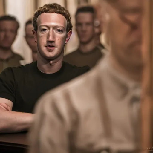 Image similar to Mark Zuckerberg in Inglorious Basterds, movie still, EOS-1D, f/1.4, ISO 200, 1/160s, 8K, RAW, unedited, symmetrical balance, in-frame, Photoshop, Nvidia, Topaz AI