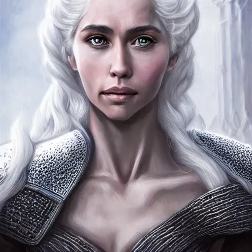 Prompt: head and shoulders portrait of a female knight, danerys targaryen, mother of dragons, game of thrones, by artgerm, face detail, extremely detailed, photo