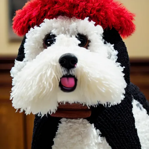 Image similar to a closeup photorealistic photograph of a cute smiling knitted bernedoodle judge dog dressed in a black gown, presiding over the courthouse. indoors, professional capture, well lit shot. this 4 k hd image is trending on artstation, featured on behance, well - rendered, extra crisp, features intricate detail, epic composition and the style of unreal engine.